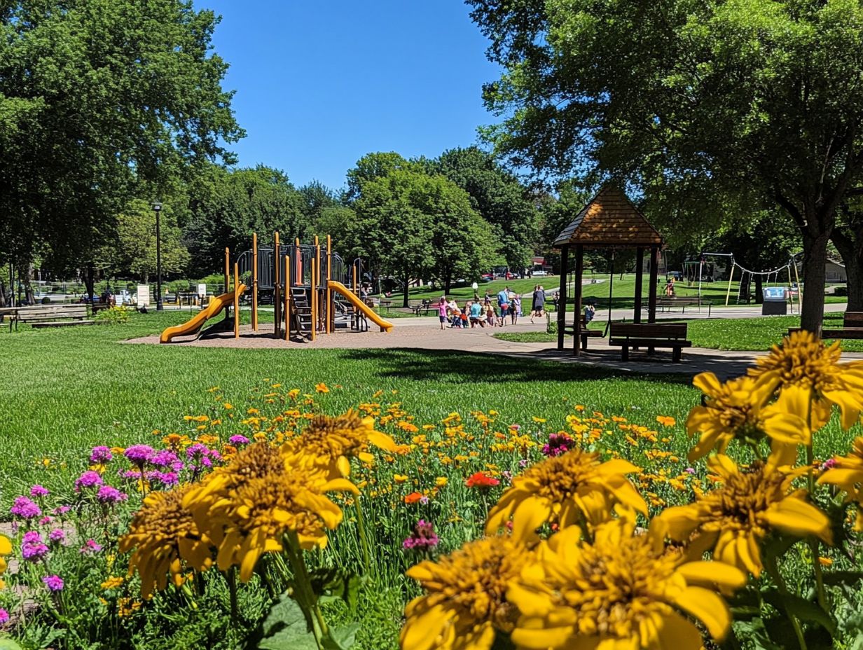 A beautiful park features a playground, gazebo, and people, with colorful flowers in the foreground.