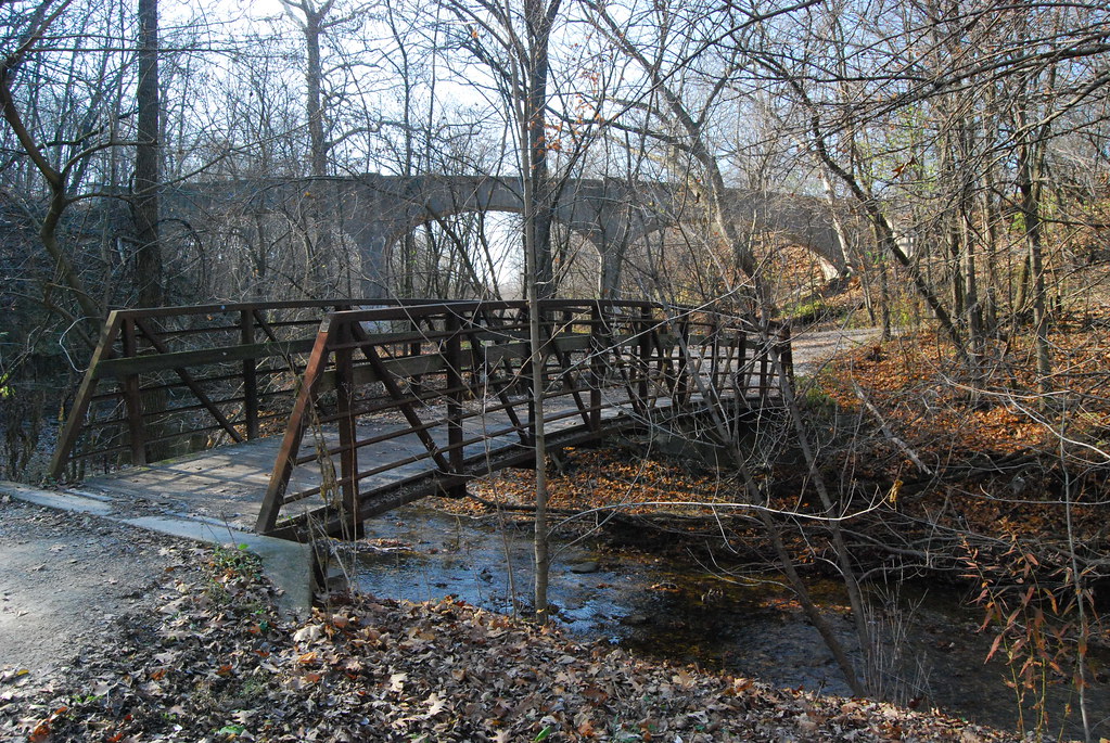 A scenic view of a metal pedestrian bridge crossing a shallow creek in Busse Woods, Illinois, with the historic concrete arches of the Salt Creek viaduct visible through bare autumn trees.