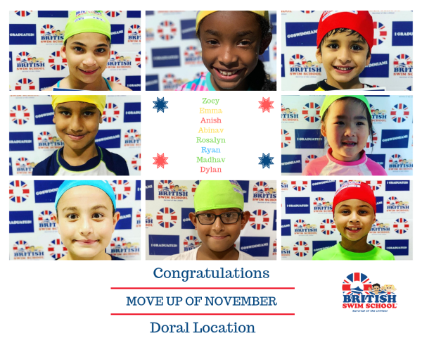 British Swim School Students smiling and get to move up to a new class level