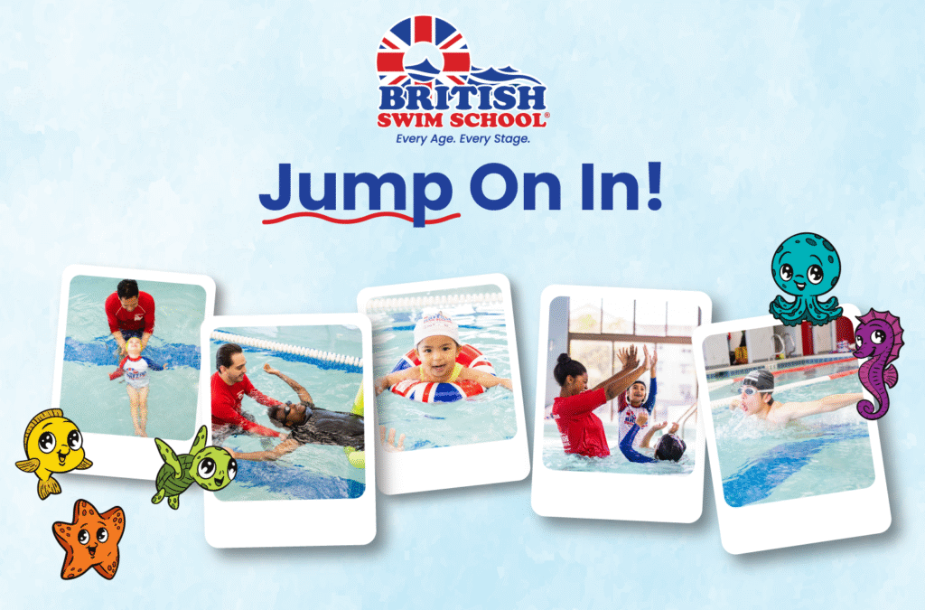 Various British Swim School students enjoying fun, safety-focused swim lessons. British Swim School is the national leader in water safety for all ages.
