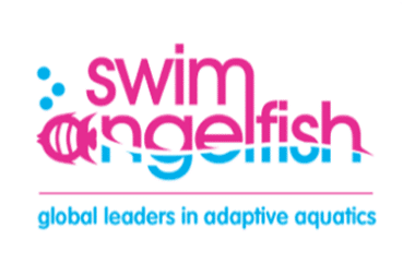 The Swim Angelfish logo features pink text, blue water elements, and the tagline 'global