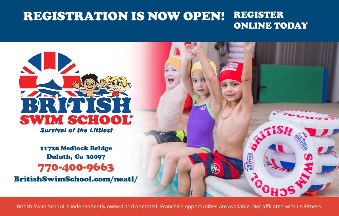 Children sitting on the ledge of the pool with British Swim School contact information