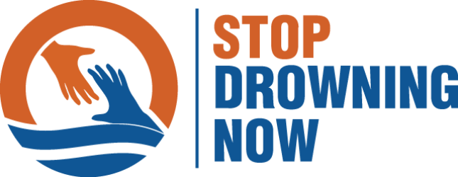 Orange and blue hands reaching in a circle next to the text "STOP DROWNING NOW