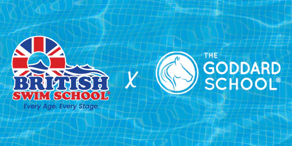 British Swim School and The Goddard School logos partner on a blue tiled pool background. TITLE: