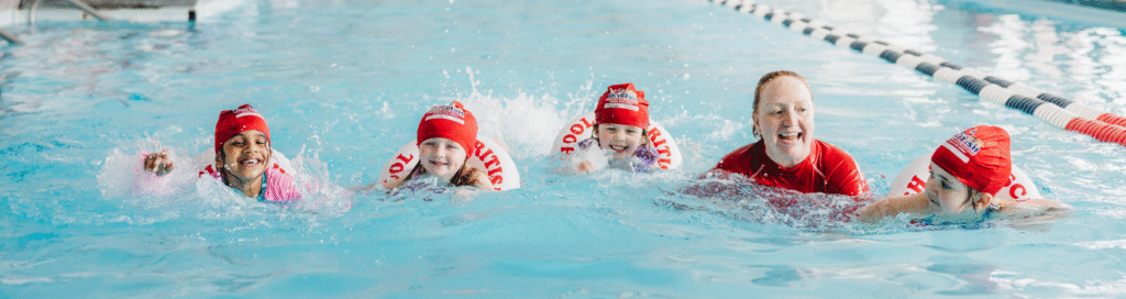 Students enjoying a premier swim lesson with British Swim School. Now open at EoS Fitness in Syracuse, Utah.